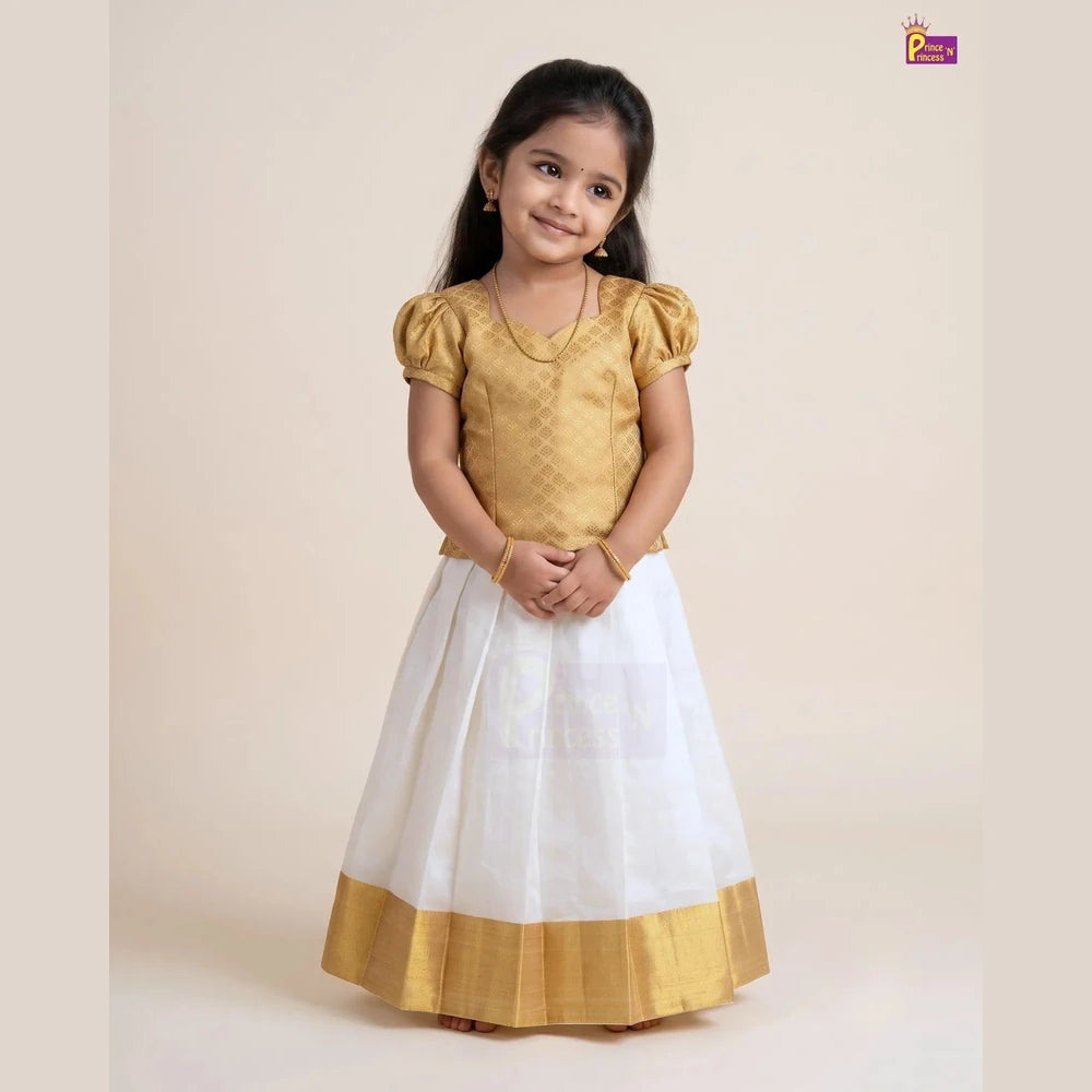 Girls Onam Pattu Pavadai Dress Golden & Cream Kerala Skirt Polyster Mix PPP2114