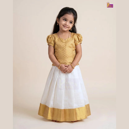 Girls Onam Pattu Pavadai Dress Golden & Cream Kerala Skirt Polyster Mix PPP2114