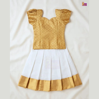 Girls Onam Pattu Pavadai Dress Golden & Cream Kerala Skirt Polyster Mix PPP2114