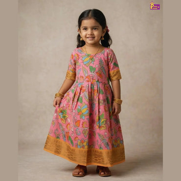 Girls Pink Kalamkari Taffeta Silk Full Length Gown | 50% Sale PG326