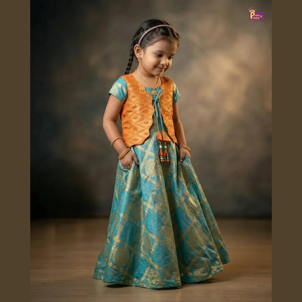 Girls Traditional Banarasi Long Gown in Orange with Green PG448