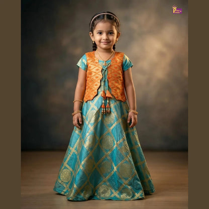 Girls Traditional Banarasi Long Gown in Orange with Green PG448