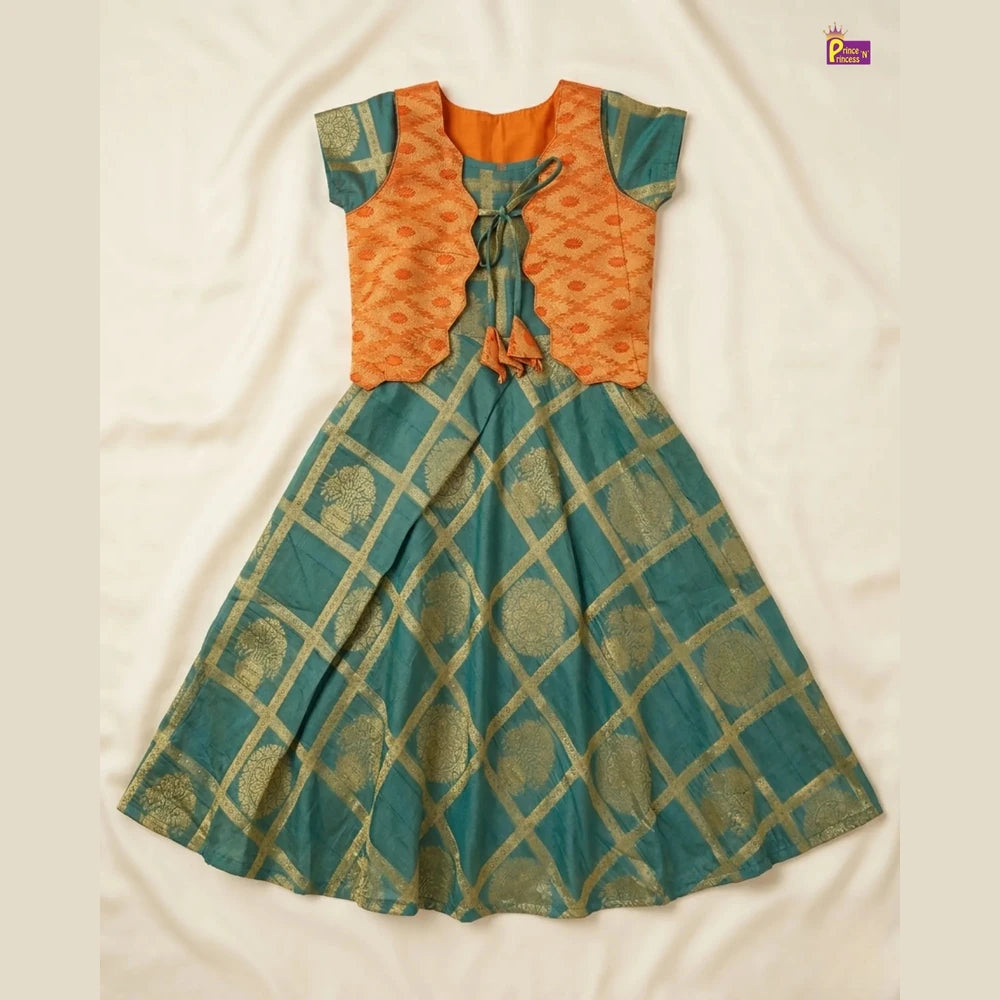 Girls Traditional Banarasi Long Gown in Orange with Green PG448