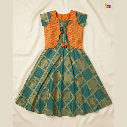 Girls Traditional Banarasi Long Gown in Orange with Green PG448