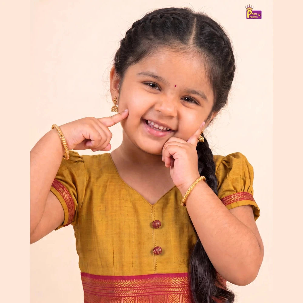 Golden Ochre Chettinad Cotton Long Gown for Girls - Pongal Wear PG734