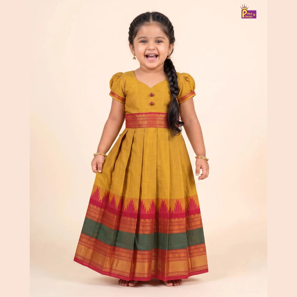 Golden Ochre Chettinad Cotton Long Gown for Girls - Pongal Wear PG734