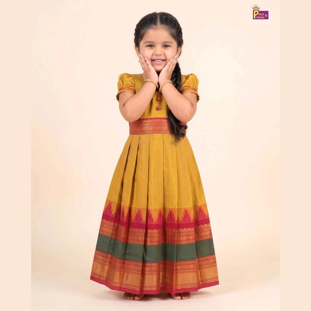 Golden Ochre Chettinad Cotton Long Gown for Girls - Pongal Wear PG734