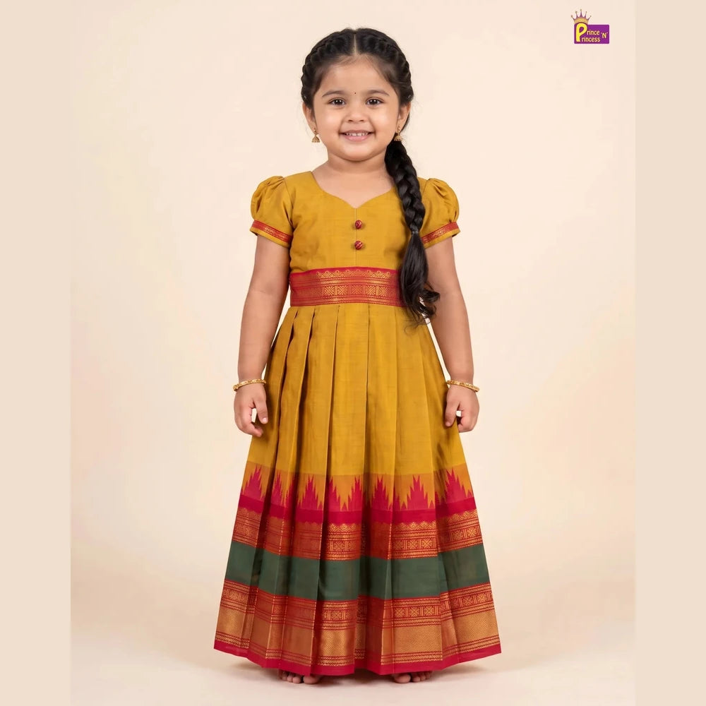 Golden Ochre Chettinad Cotton Long Gown for Girls - Pongal Wear PG734
