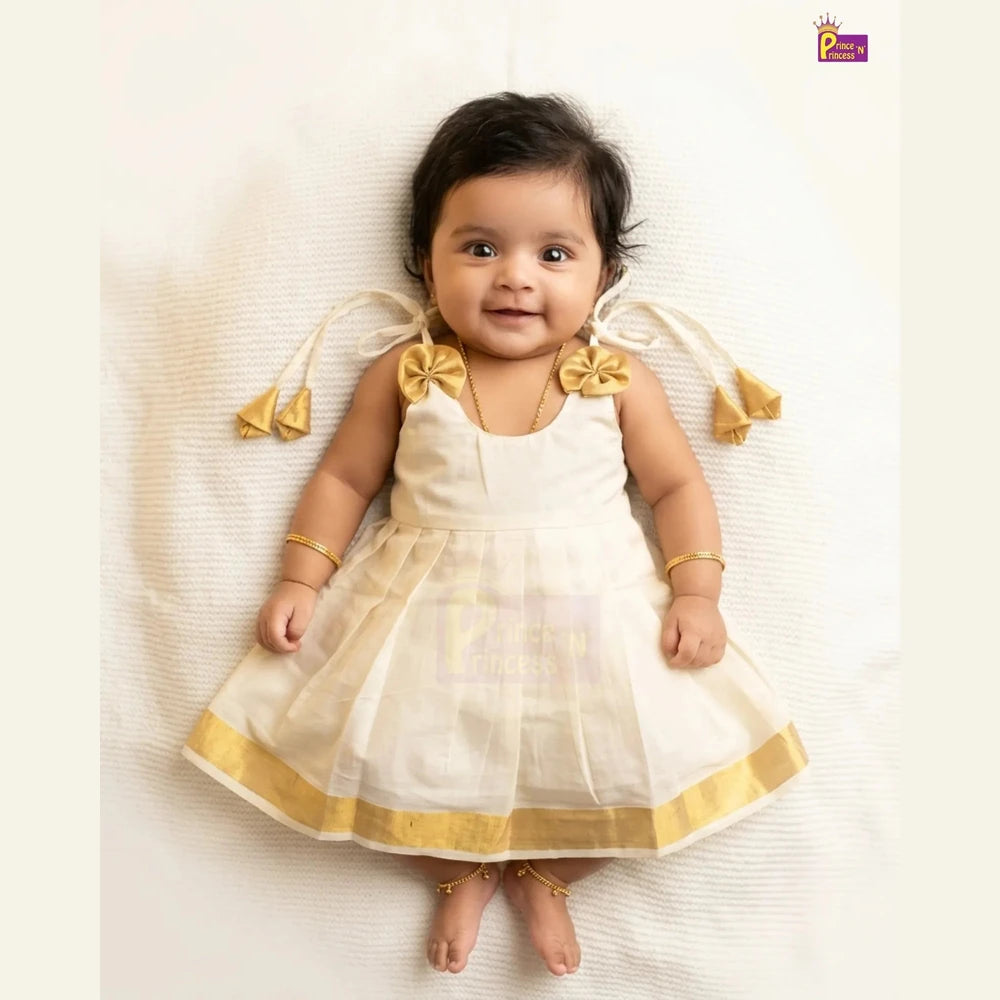 Kerala Kasavu Newborn Lakshana Frock Halfwhite | Onam Vishu Baby Dress + Headband LF761