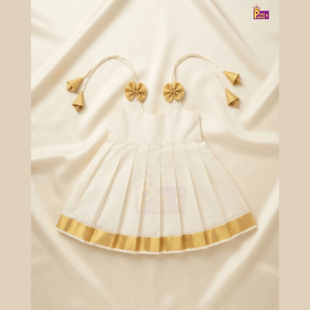 Kerala Kasavu Newborn Lakshana Frock Halfwhite | Onam Vishu Baby Dress + Headband LF761