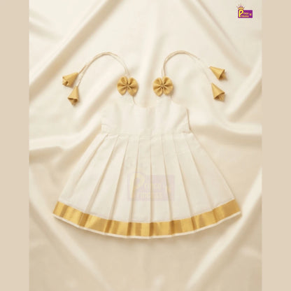 Kerala Kasavu Newborn Lakshana Frock Halfwhite | Onam Vishu Baby Dress + Headband LF761