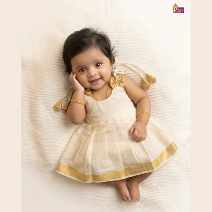Kerala Kasavu Newborn Lakshana Frock Halfwhite | Onam Vishu Baby Dress + Headband LF761