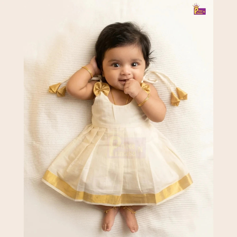 Kerala Kasavu Newborn Lakshana Frock Halfwhite | Onam Vishu Baby Dress + Headband LF761