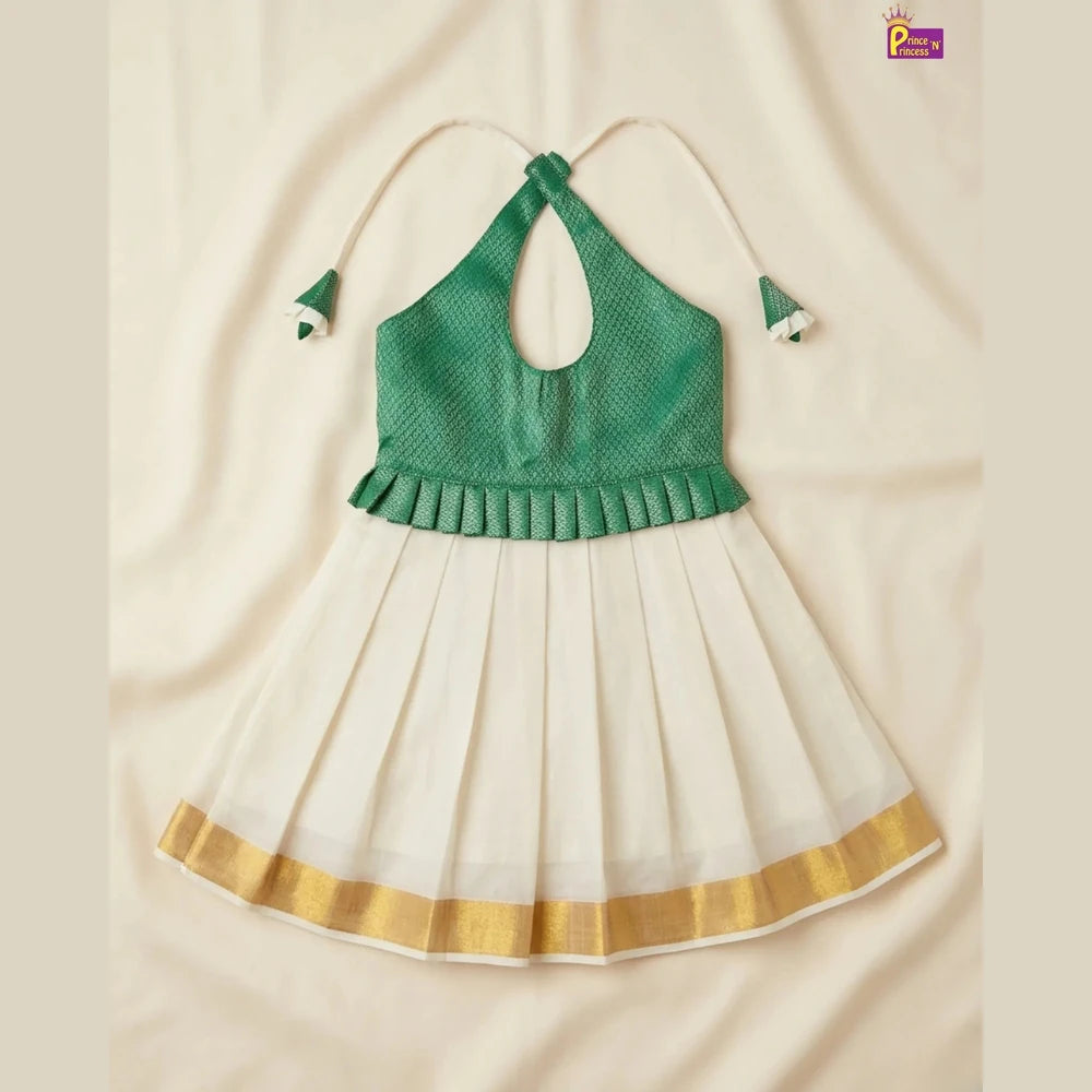 Kerala Pattu Frock for Baby Girls Green Kasavu Traditional Dress LF1904