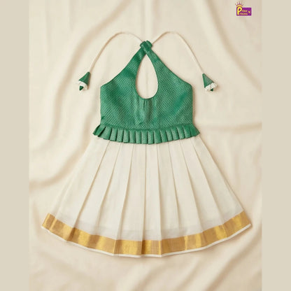 Kerala Pattu Frock for Baby Girls Green Kasavu Traditional Dress LF1904