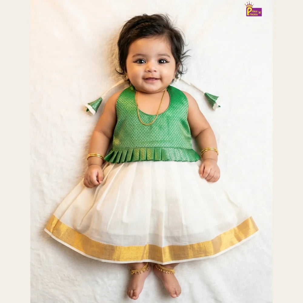 Kerala Pattu Frock for Baby Girls Green Kasavu Traditional Dress LF1904