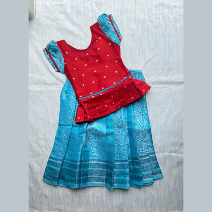 Kids Baby Pattu Pavadai Red with Ice Blue PPP1420