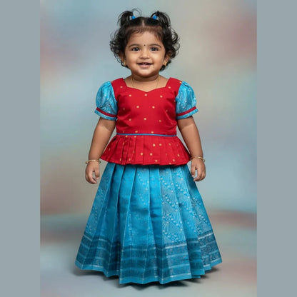 Kids Baby Pattu Pavadai Red with Ice Blue PPP1420