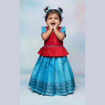 Kids Baby Pattu Pavadai Red with Ice Blue PPP1420