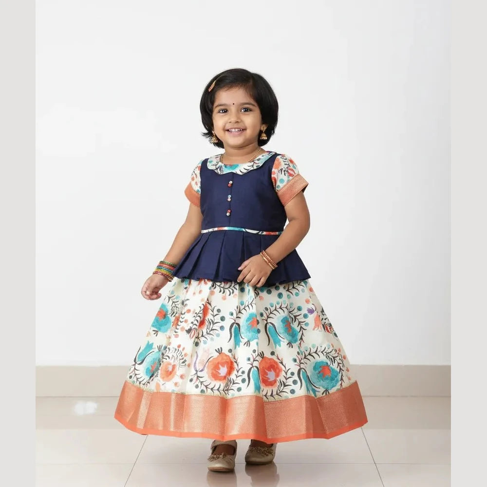 Kids Blue and Orange Traditional Pattu Pavadai PPP1374