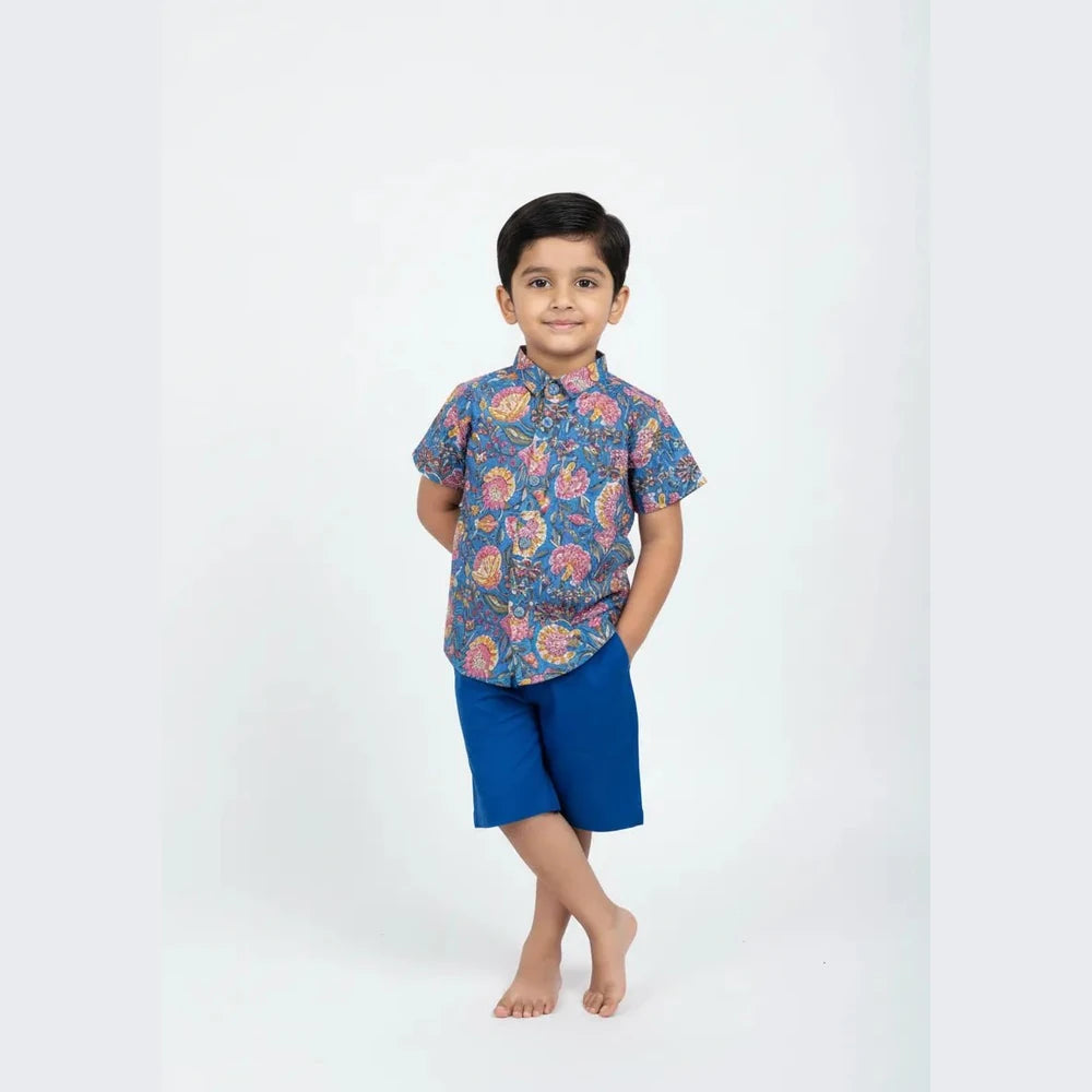 Kids Blue Printed Cotton Shirt ST213
