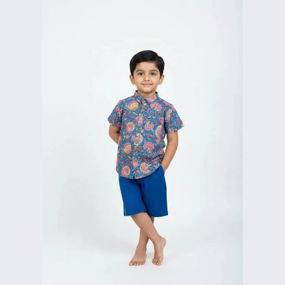 Kids Blue Printed Cotton Shirt ST213
