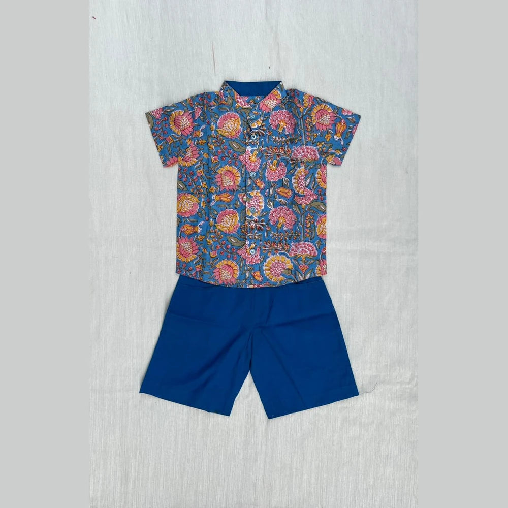 Kids Blue Printed Cotton Shirt ST213