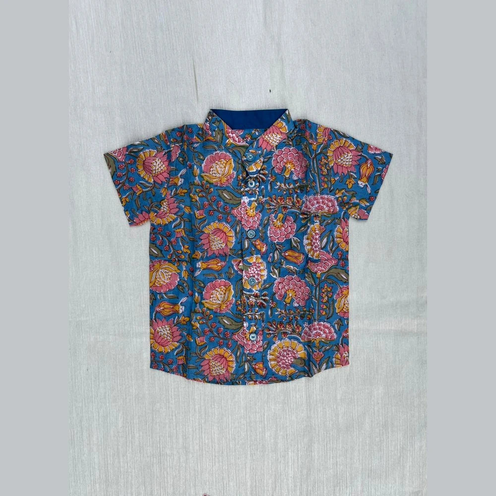 Kids Blue Printed Cotton Shirt ST213