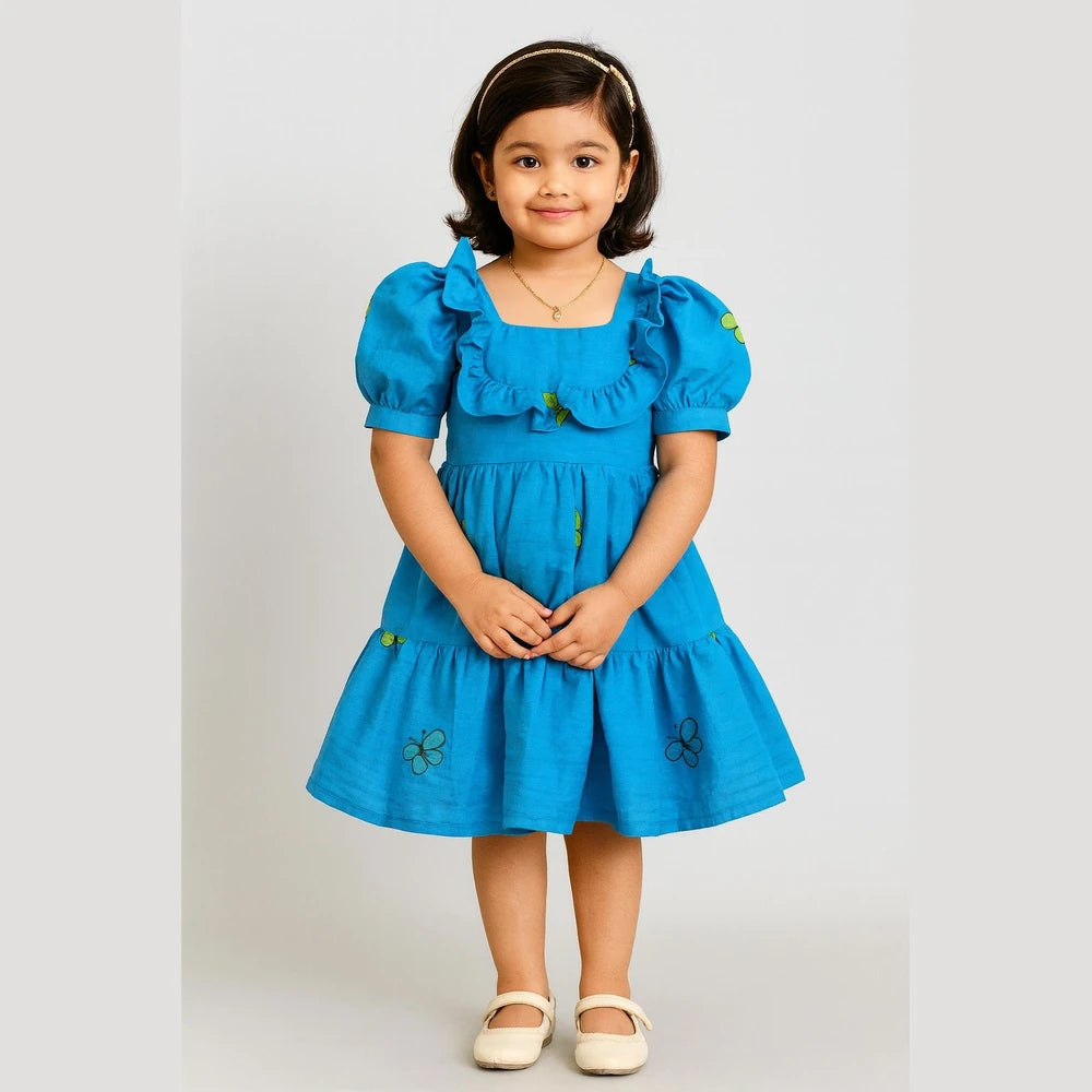 Kids Blue With Embroidery Butterfly Cotton Frock CF379