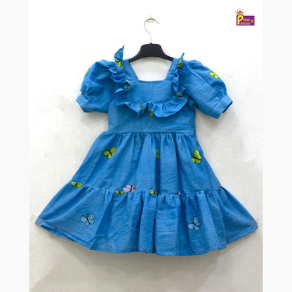 Kids Blue With Embroidery Butterfly Cotton Frock CF379
