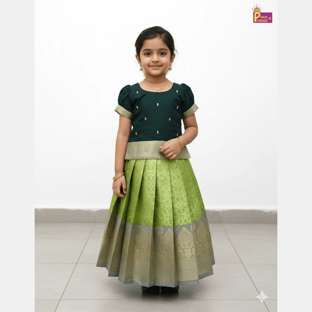 Kids Bottle and Light Green Traditional Aari Work Pattupavadai PPP1859