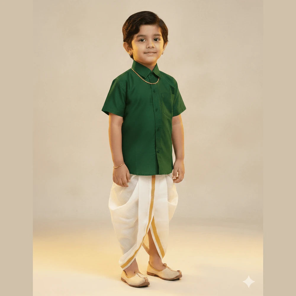 Kids Boys Green Half Sleeve Silk Shirt BS016