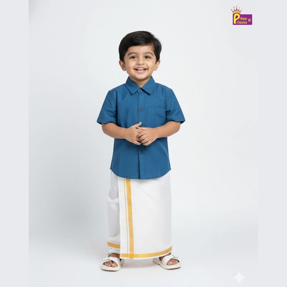 Kids Boys Peacock Blue Half Sleeve Silk Shirt SD111