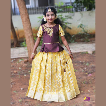 Kids Brown Yellow Traditional AARI Work Pattu Pavadai PPP1541