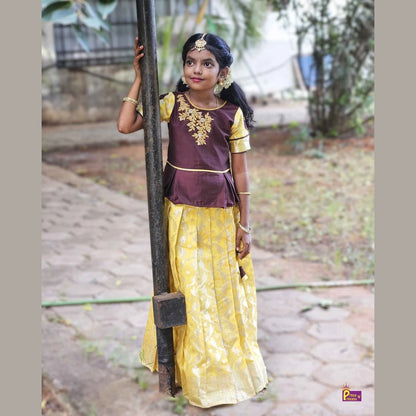Kids Brown Yellow Traditional AARI Work Pattu Pavadai PPP1541
