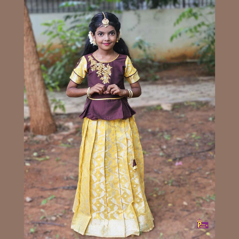 Kids Brown Yellow Traditional AARI Work Pattu Pavadai PPP1541
