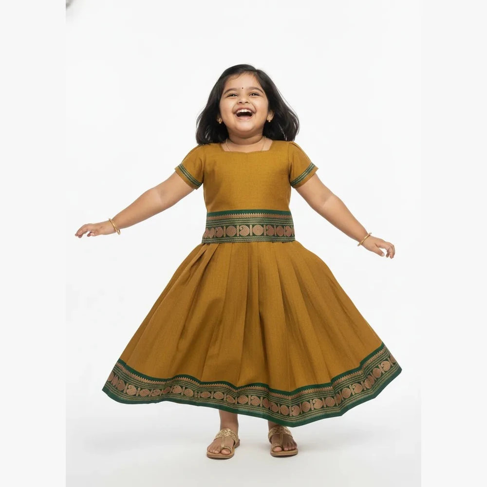Kids Chettinad Cotton Pavadai Sattai Mustard PPP1875