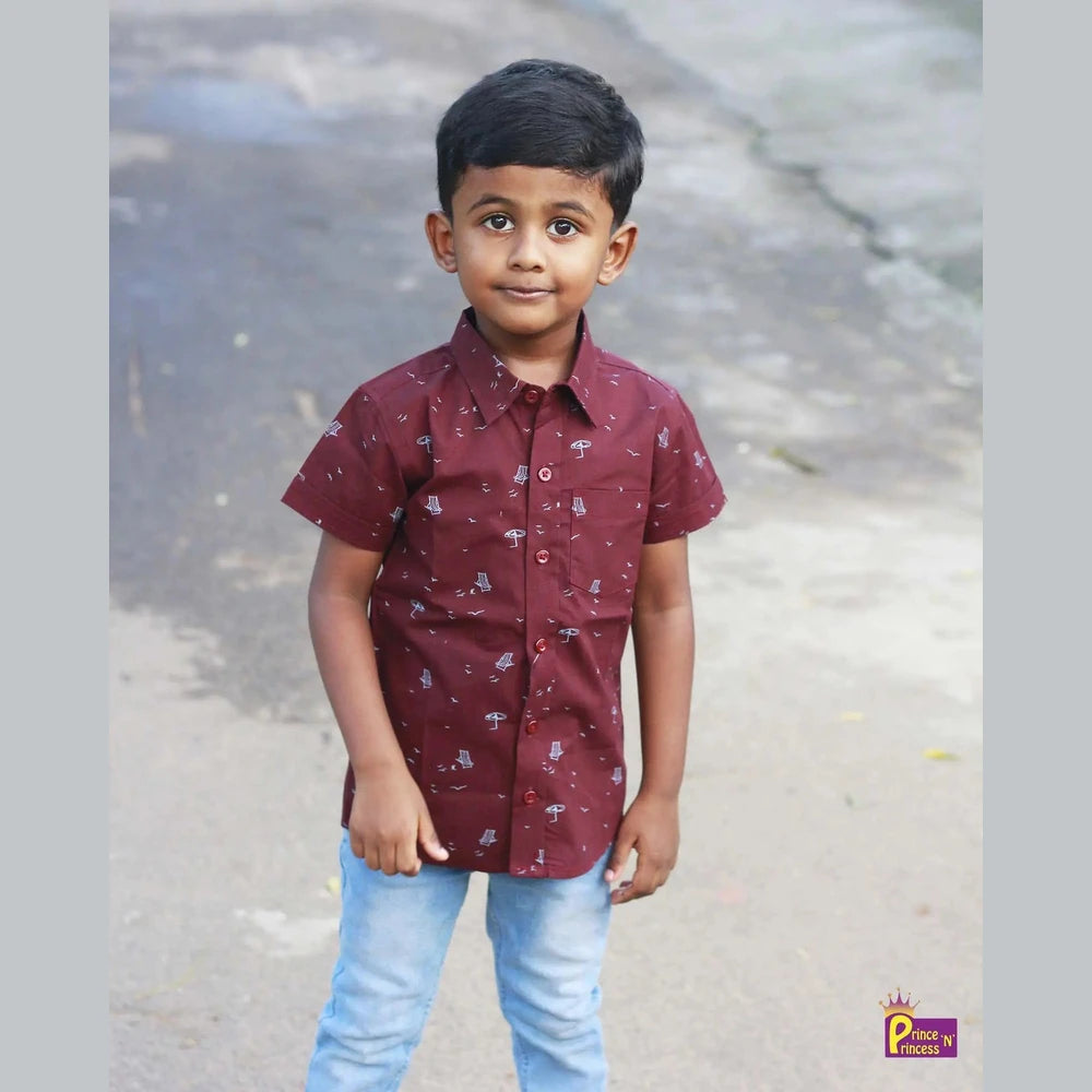 Kids Cotton Printed Maroon half Sleeve shirt ST150