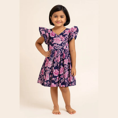 Kids Dark Blue Pink Floral Cotton Frock CF377