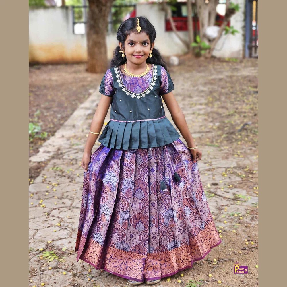 Kids Dark Green Purple Traditional AARI Work Pattu Pavadai PPP1551