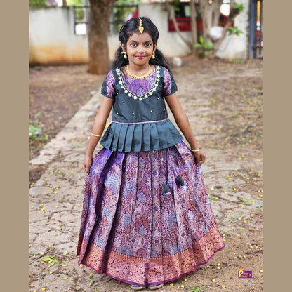 Kids Dark Green Purple Traditional AARI Work Pattu Pavadai PPP1551