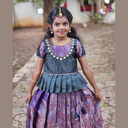Kids Dark Green Purple Traditional AARI Work Pattu Pavadai PPP1551
