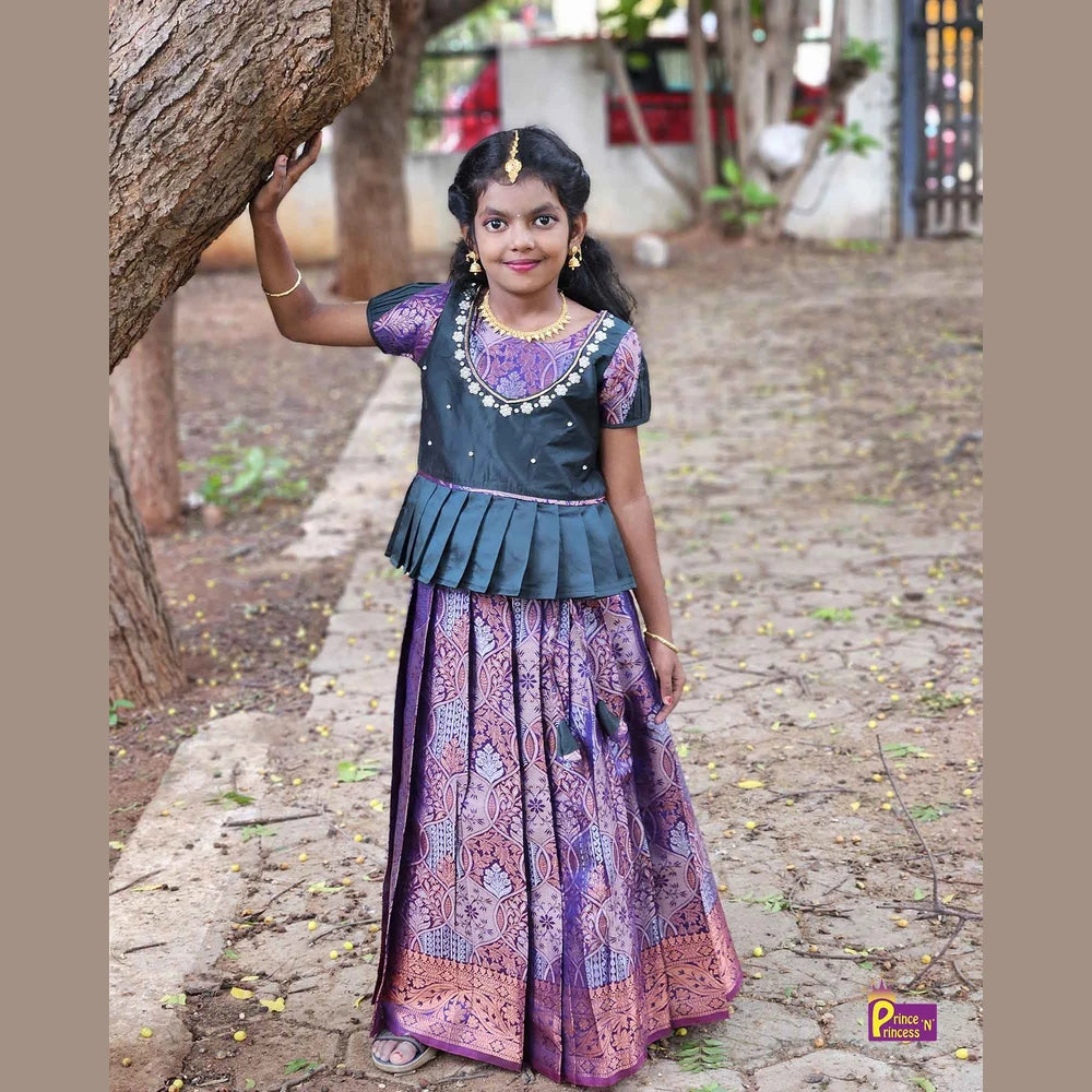 Kids Dark Green Purple Traditional AARI Work Pattu Pavadai PPP1551