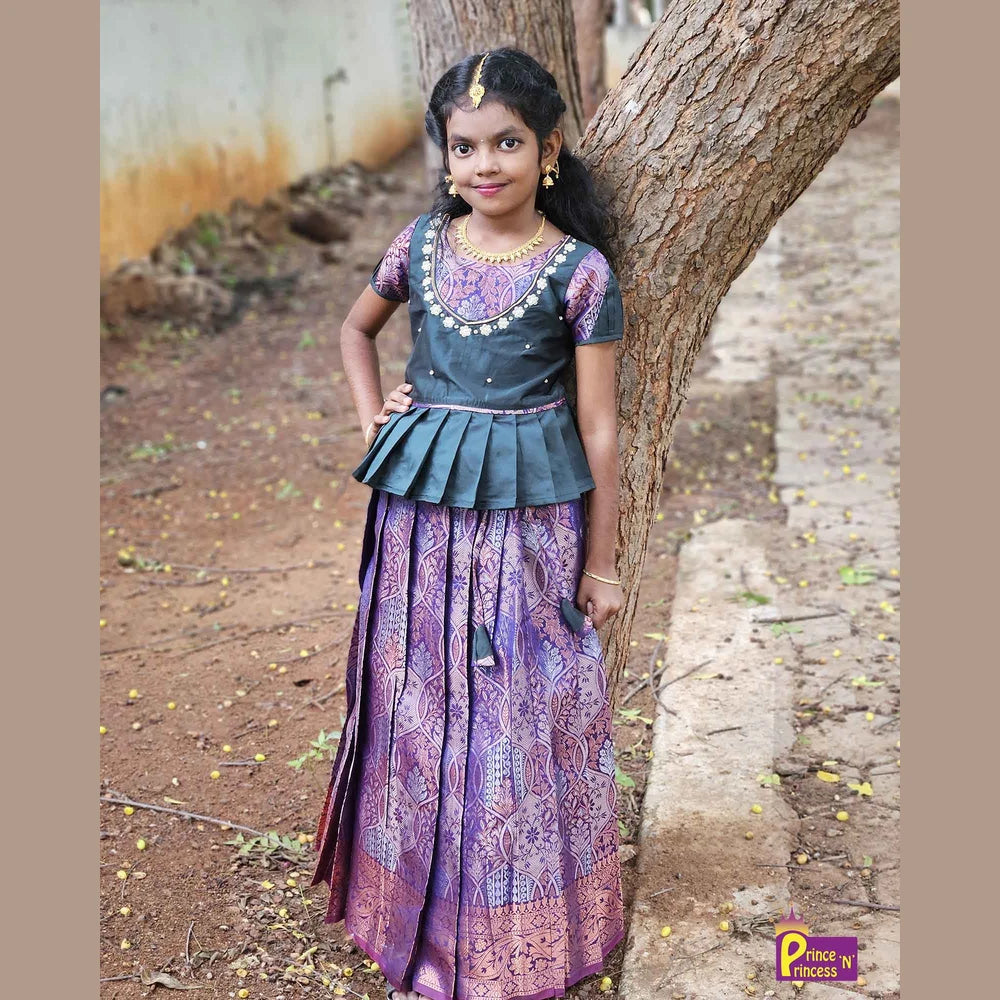 Kids Dark Green Purple Traditional AARI Work Pattu Pavadai PPP1551