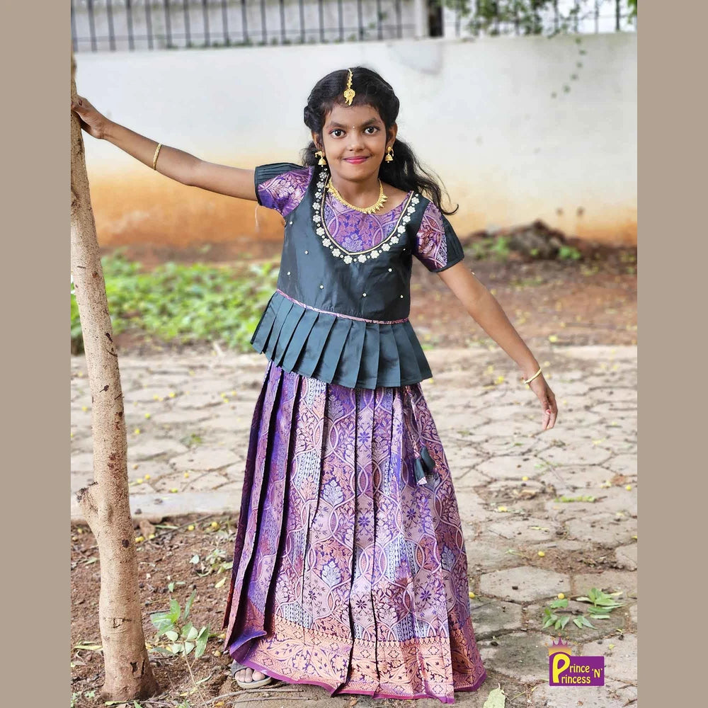 Kids Dark Green Purple Traditional AARI Work Pattu Pavadai PPP1551