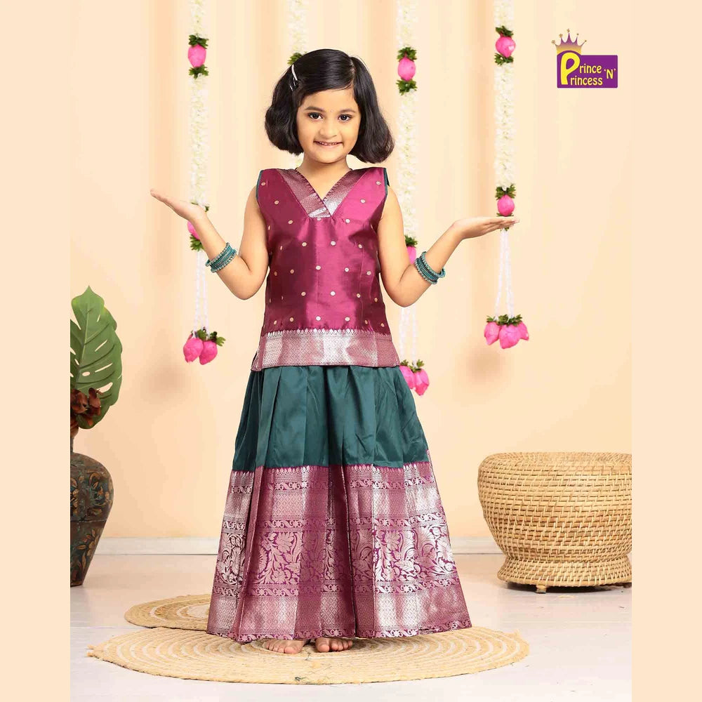 Pattu Pavadai Wine Green Raw Silk Banarasi Border | Kids Festival Wear PPP1628
