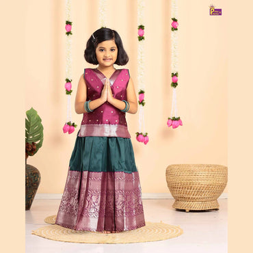 Pattu Pavadai Wine Green Raw Silk Banarasi Border | Kids Festival Wear PPP1628