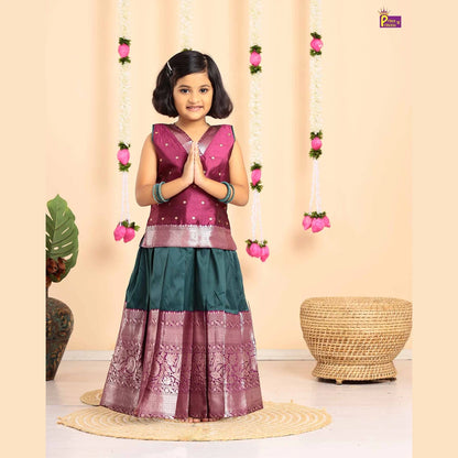 Pattu Pavadai Wine Green Raw Silk Banarasi Border | Kids Festival Wear PPP1628