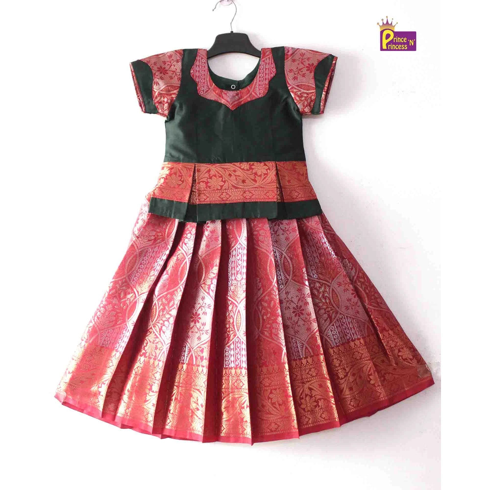 Kids DarkGreen And Red Designer Pattu Pavadai PPP1399
