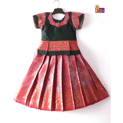 Kids DarkGreen And Red Designer Pattu Pavadai PPP1399